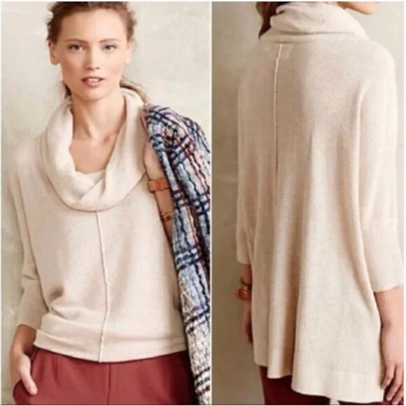 Field Flower medium oversized waffle knit cowl neck beige poncho tunic sweater - Picture 1 of 8